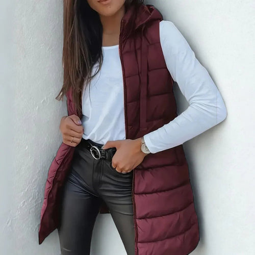 Chaleco largo acolchado mujer con capucha sin mangas 5