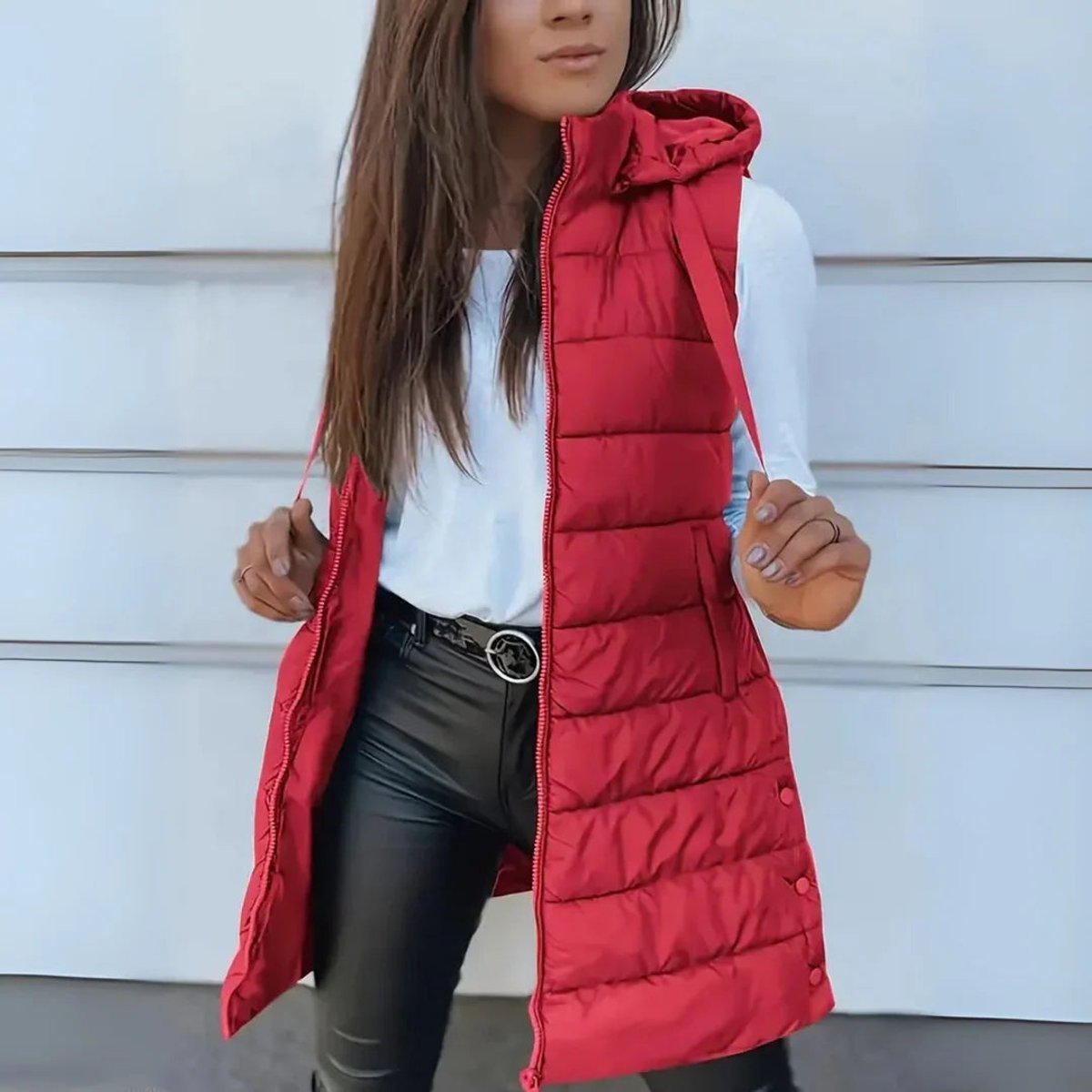 Chaleco largo acolchado mujer con capucha sin mangas 6
