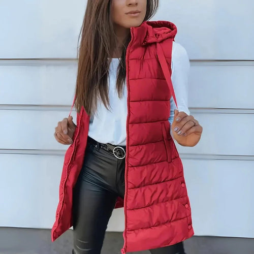Chaleco largo acolchado mujer con capucha sin mangas 6