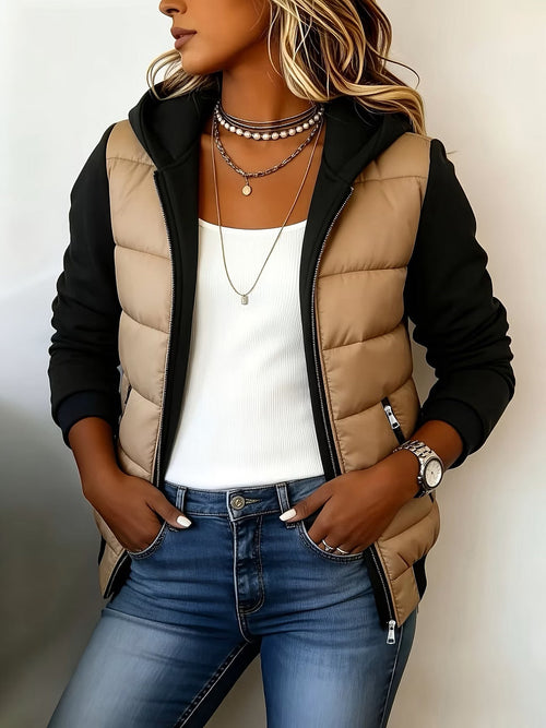 Chaqueta acolchada bicolor de mujer con capucha y cremallera 1