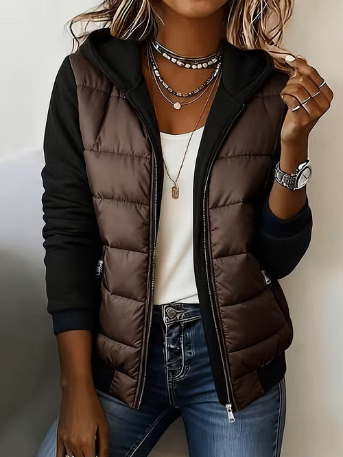 Chaqueta acolchada bicolor de mujer con capucha y cremallera 10