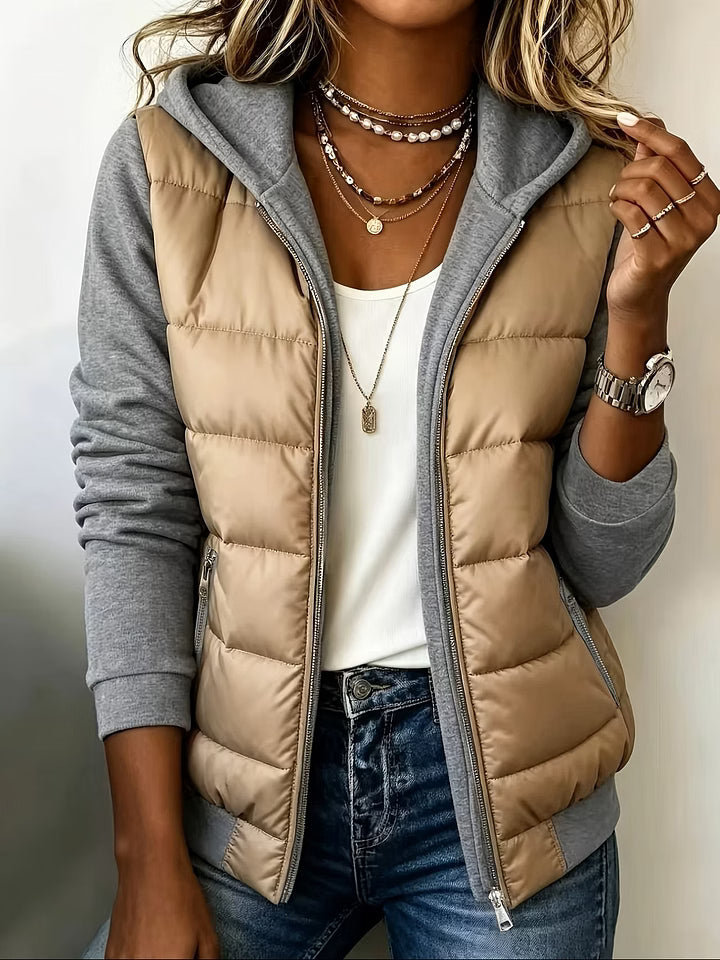 Chaqueta acolchada bicolor de mujer con capucha y cremallera 2