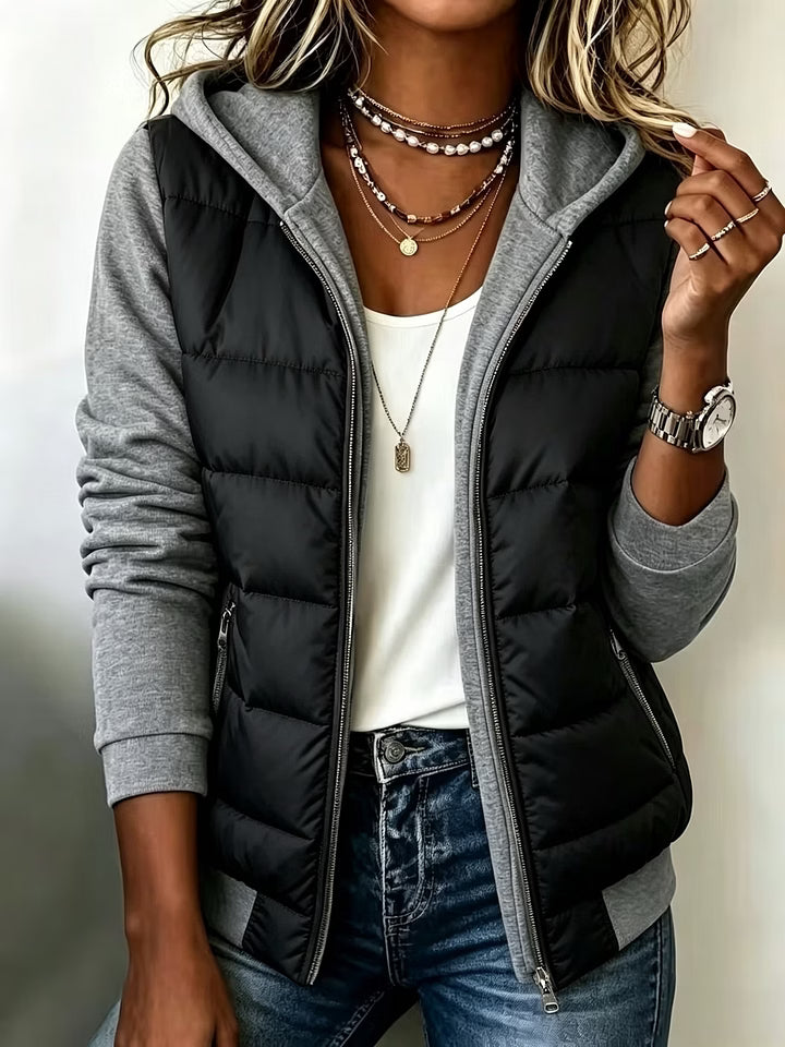 Chaqueta acolchada bicolor de mujer con capucha y cremallera 3