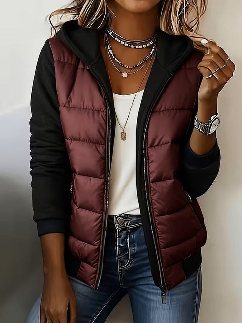 Chaqueta acolchada bicolor de mujer con capucha y cremallera 4