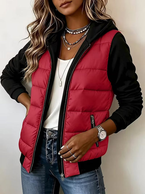 Chaqueta acolchada bicolor de mujer con capucha y cremallera 5