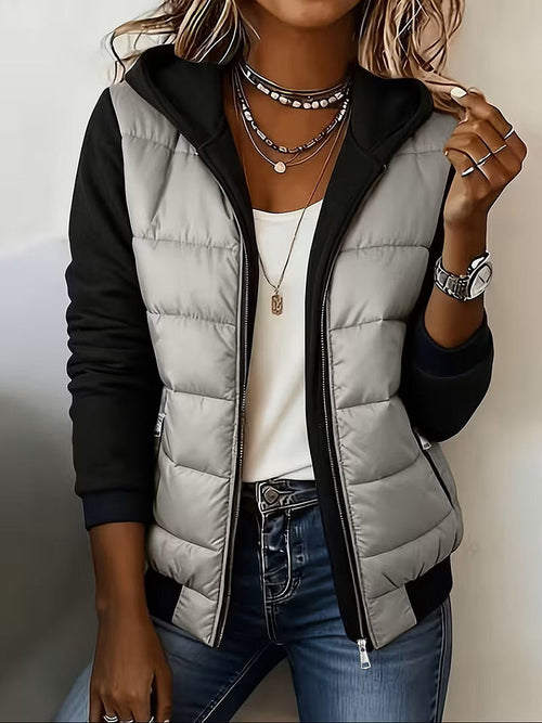 Chaqueta acolchada bicolor de mujer con capucha y cremallera 6