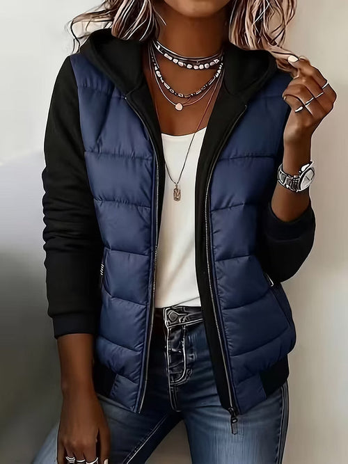 Chaqueta acolchada bicolor de mujer con capucha y cremallera 7
