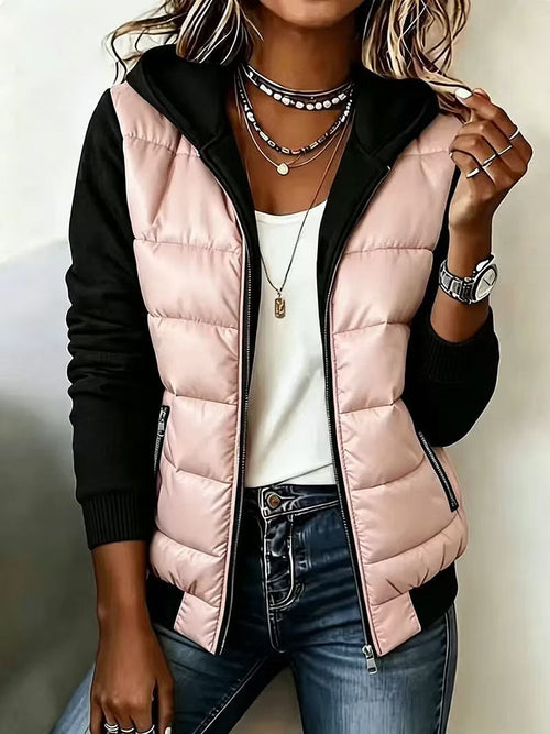Chaqueta acolchada bicolor de mujer con capucha y cremallera 8