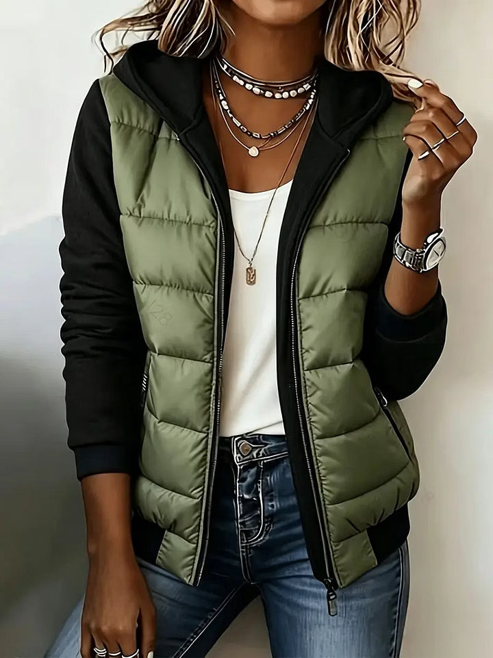 Chaqueta acolchada bicolor de mujer con capucha y cremallera 9