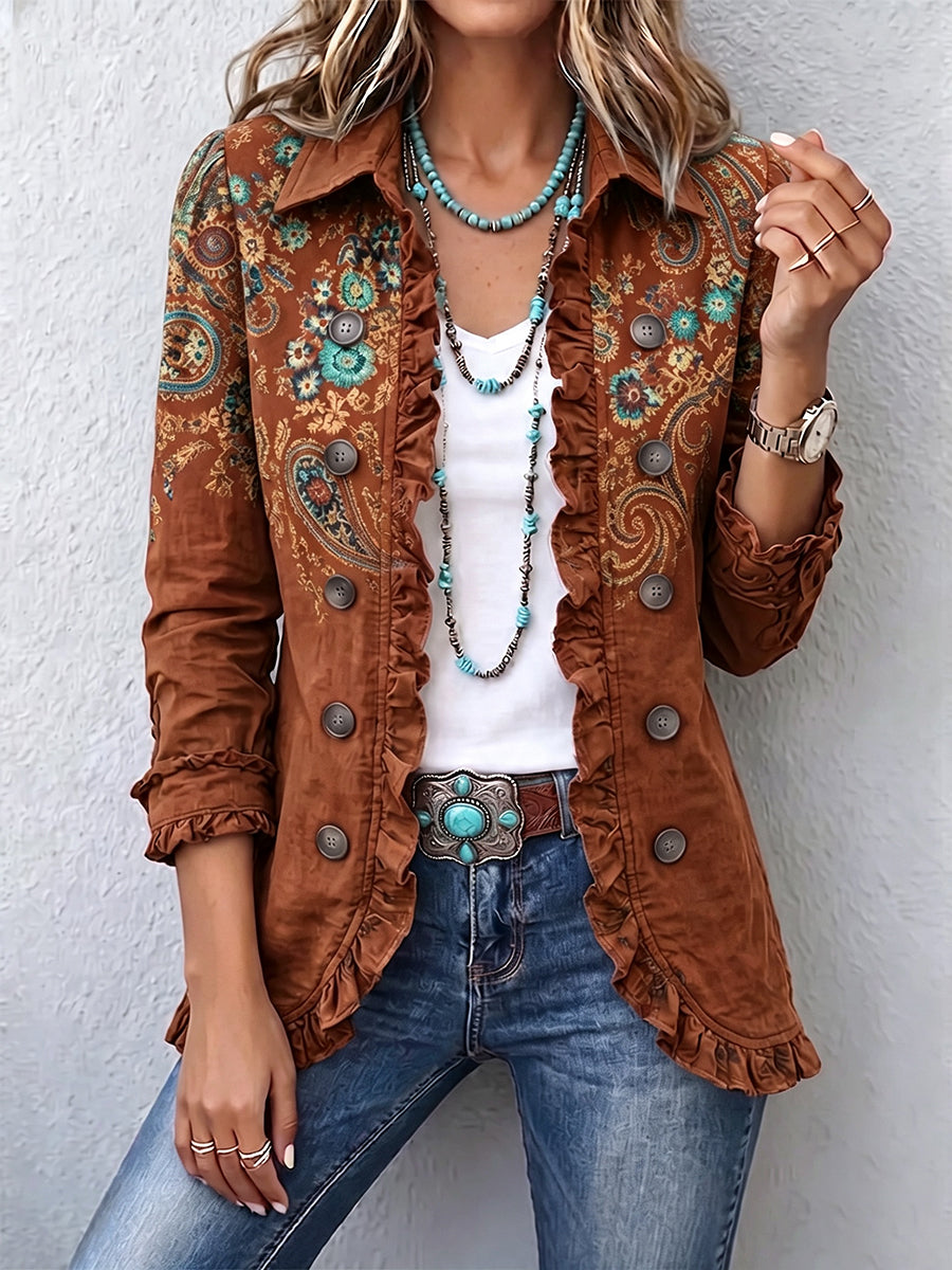 Chaqueta bohemia de mujer con estampado paisley y volantes 3