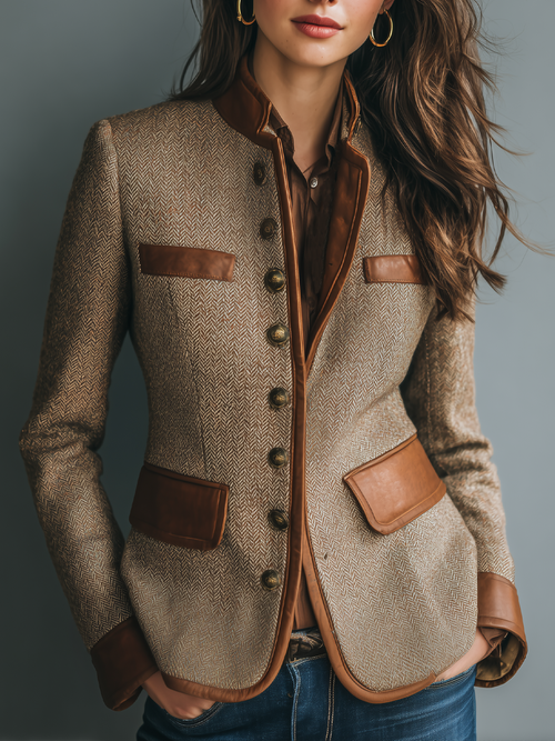 Chaqueta corta mujer de espiga con cuello mao y botones 1