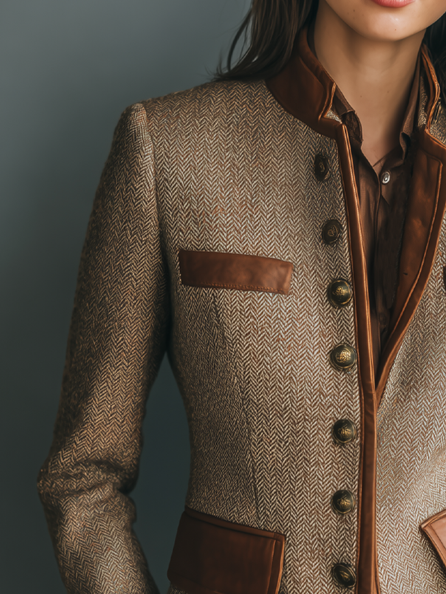 Chaqueta corta mujer de espiga con cuello mao y botones 2