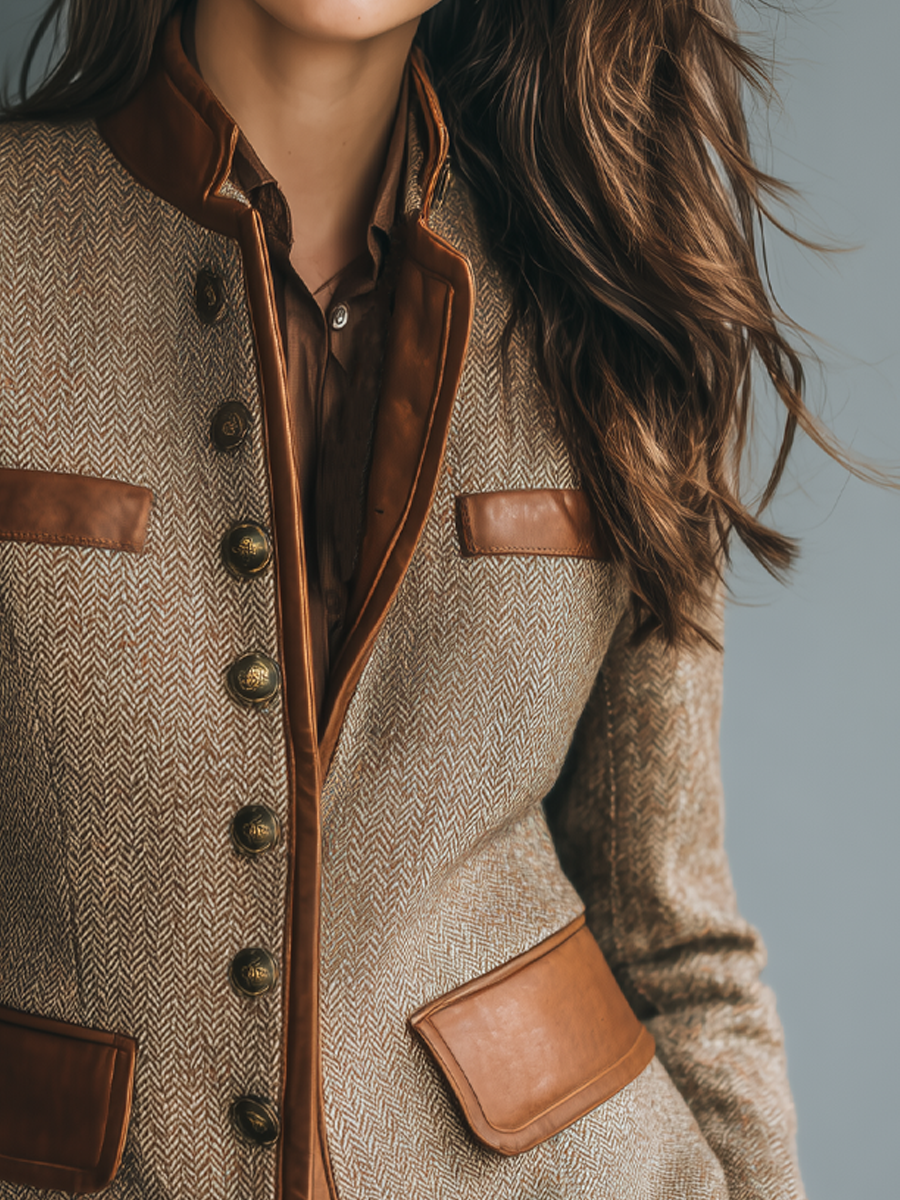 Chaqueta corta mujer de espiga con cuello mao y botones 3