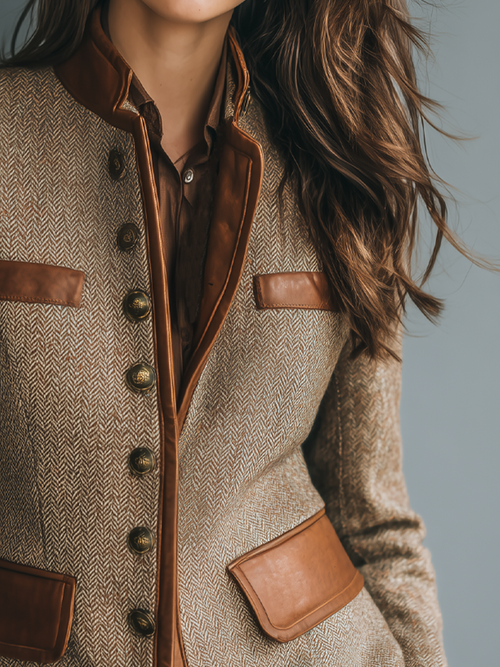 Chaqueta corta mujer de espiga con cuello mao y botones 3