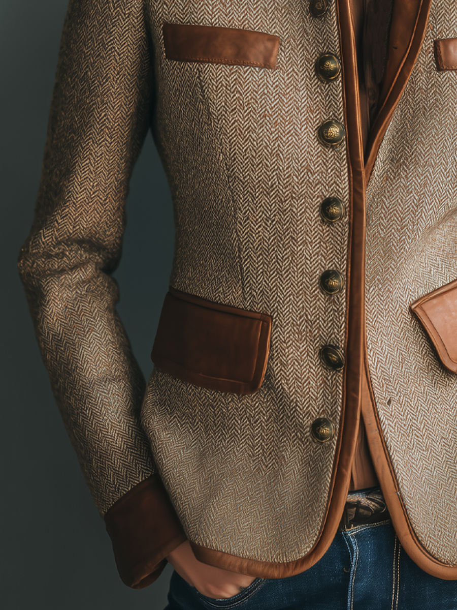 Chaqueta corta mujer de espiga con cuello mao y botones 4