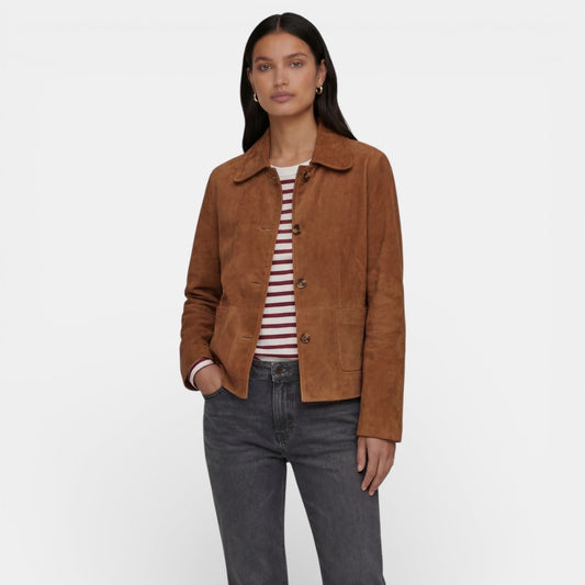 Chaqueta de Ante Mujer Corta con Cuello Camisero y Botones 1