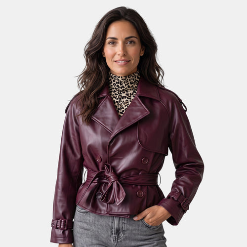Chaqueta de cuero mujer corta con cinturón y solapa 1