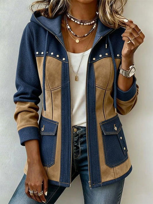 Chaqueta de mujer con capucha, cremallera y detalles de tachuelas 1