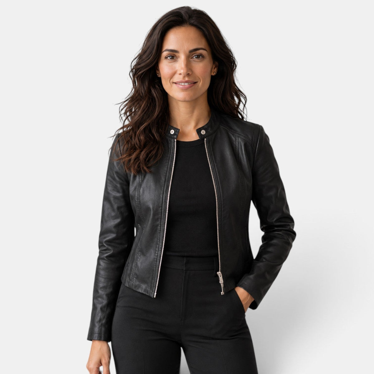Chaqueta efecto piel mujer con cremallera y cuello mao 1