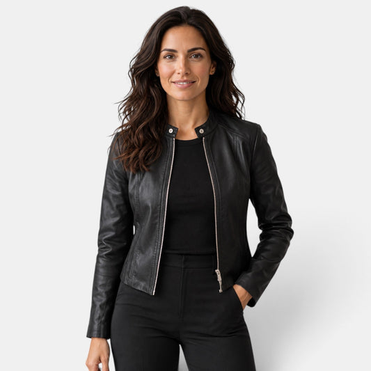 Chaqueta efecto piel mujer con cremallera y cuello mao 1