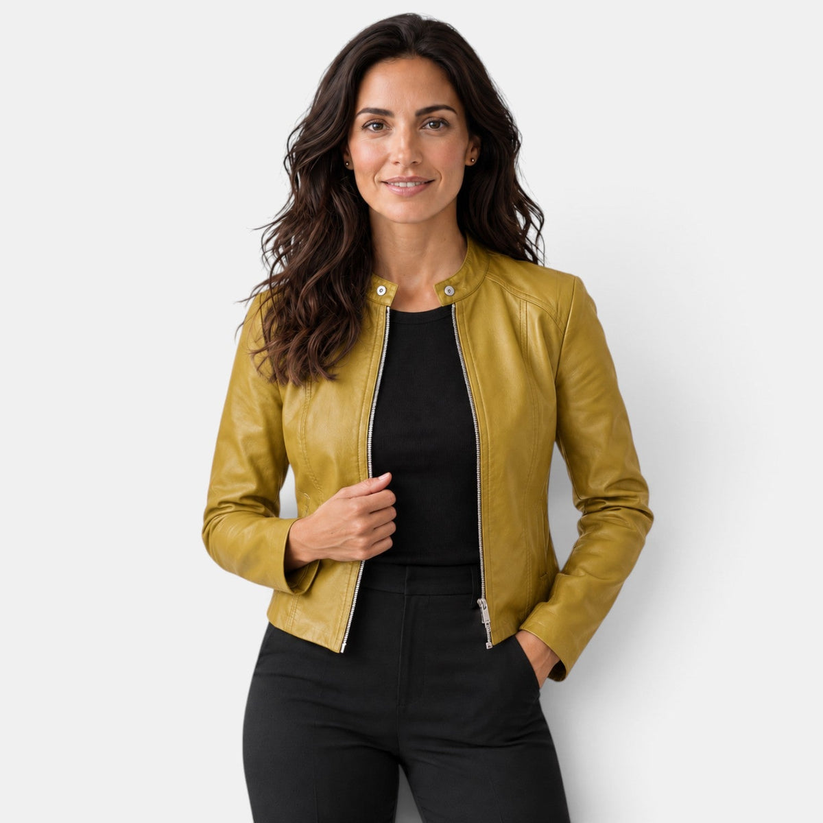 Chaqueta efecto piel mujer con cremallera y cuello mao 3