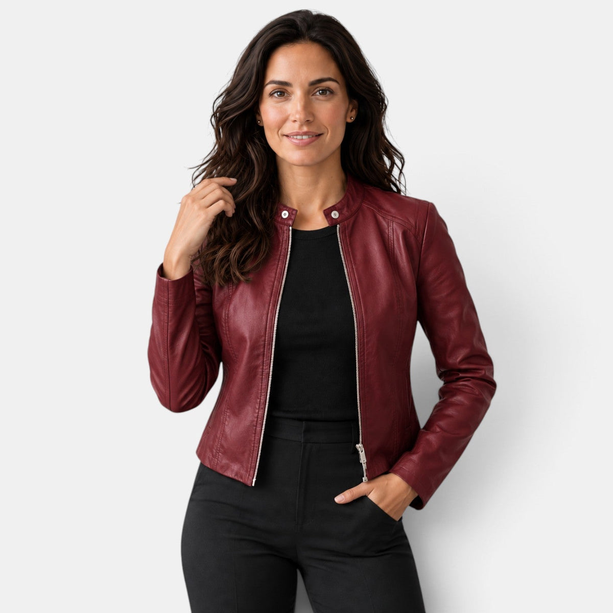 Chaqueta efecto piel mujer con cremallera y cuello mao 5