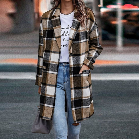 Chaqueta larga de cuadros mujer con botones y bolsillos 1