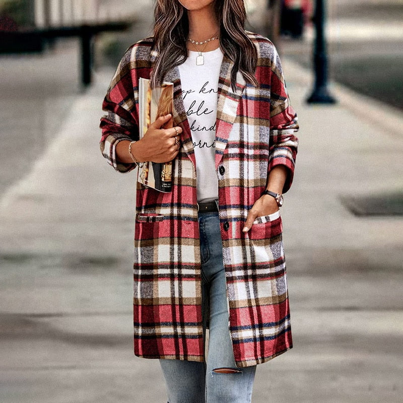 Chaqueta larga de cuadros mujer con botones y bolsillos 3