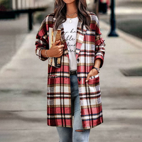 Chaqueta larga de cuadros mujer con botones y bolsillos 3