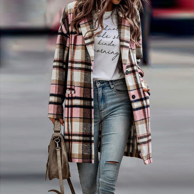 Chaqueta larga de cuadros mujer con botones y bolsillos 4