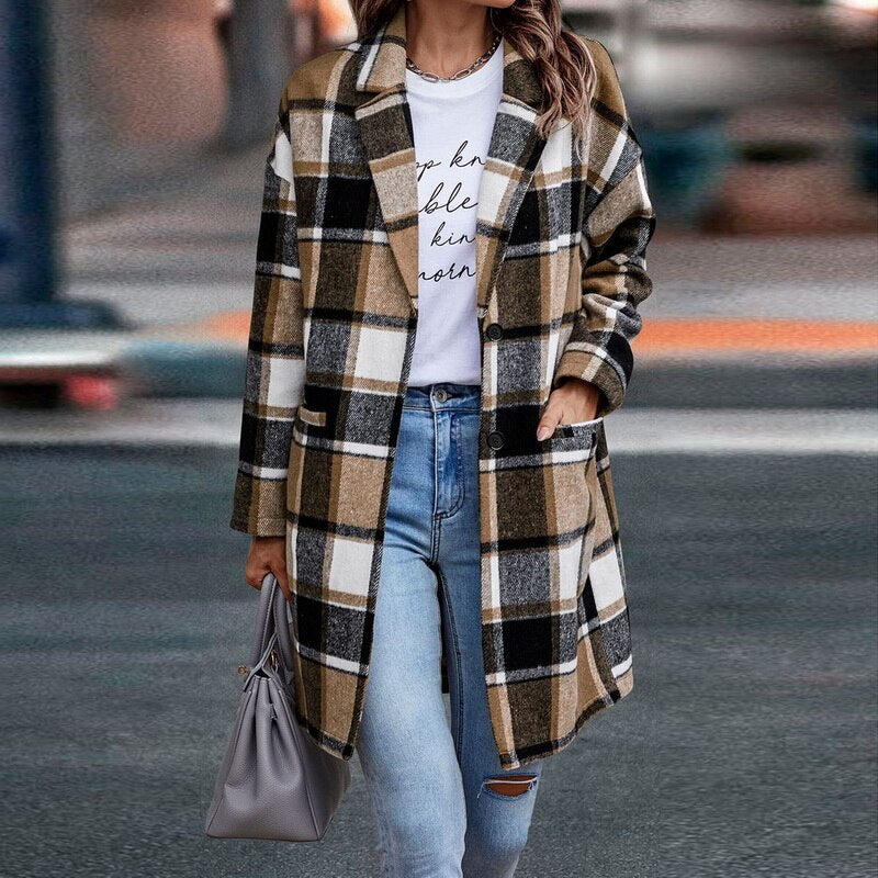 Chaqueta larga de cuadros mujer con botones y bolsillos 5