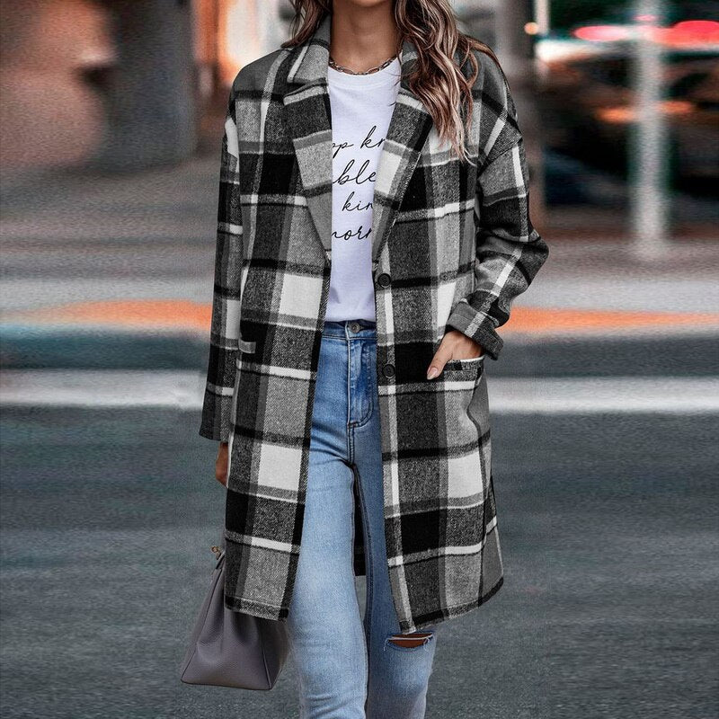 Chaqueta larga de cuadros mujer con botones y bolsillos 6