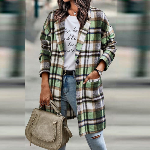 Chaqueta larga de cuadros mujer con botones y bolsillos 7
