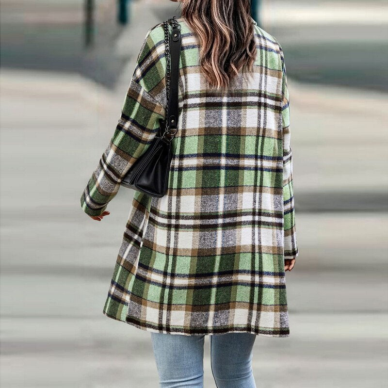 Chaqueta larga de cuadros mujer con botones y bolsillos 8