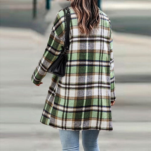Chaqueta larga de cuadros mujer con botones y bolsillos 8