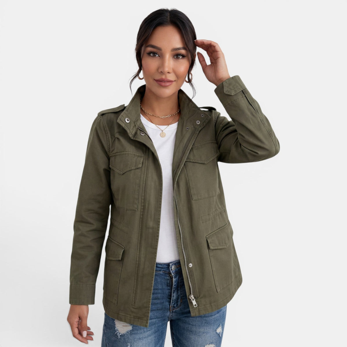 Chaqueta Militar Mujer Sahariana con Cremallera y Bolsillos 7
