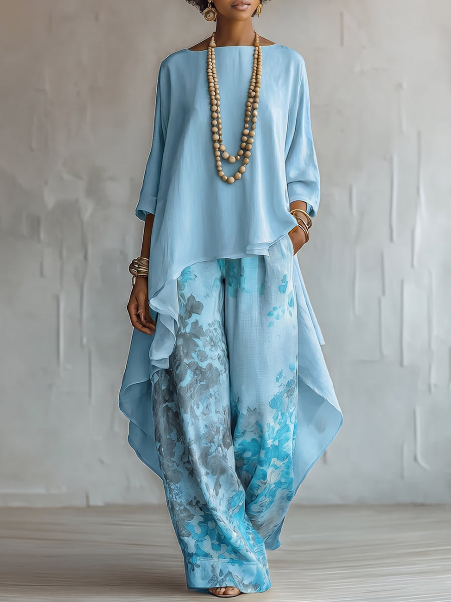 Conjunto bohemio floral con top largo y pantalón ancho 1