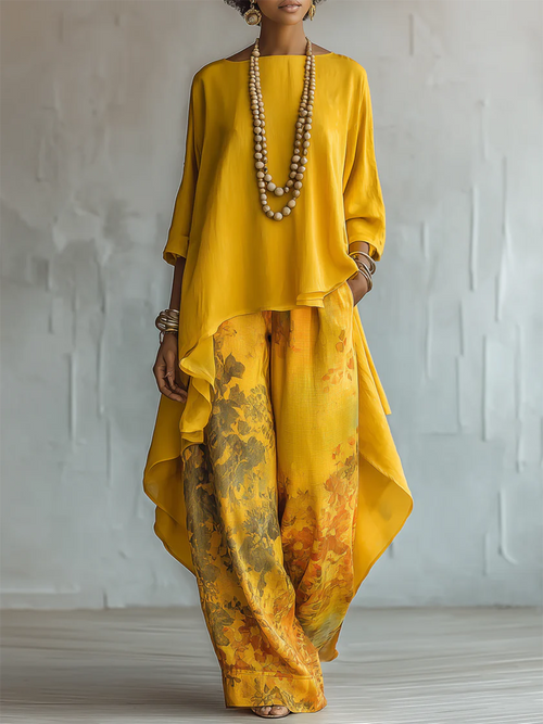 Conjunto bohemio floral con top largo y pantalón ancho 3