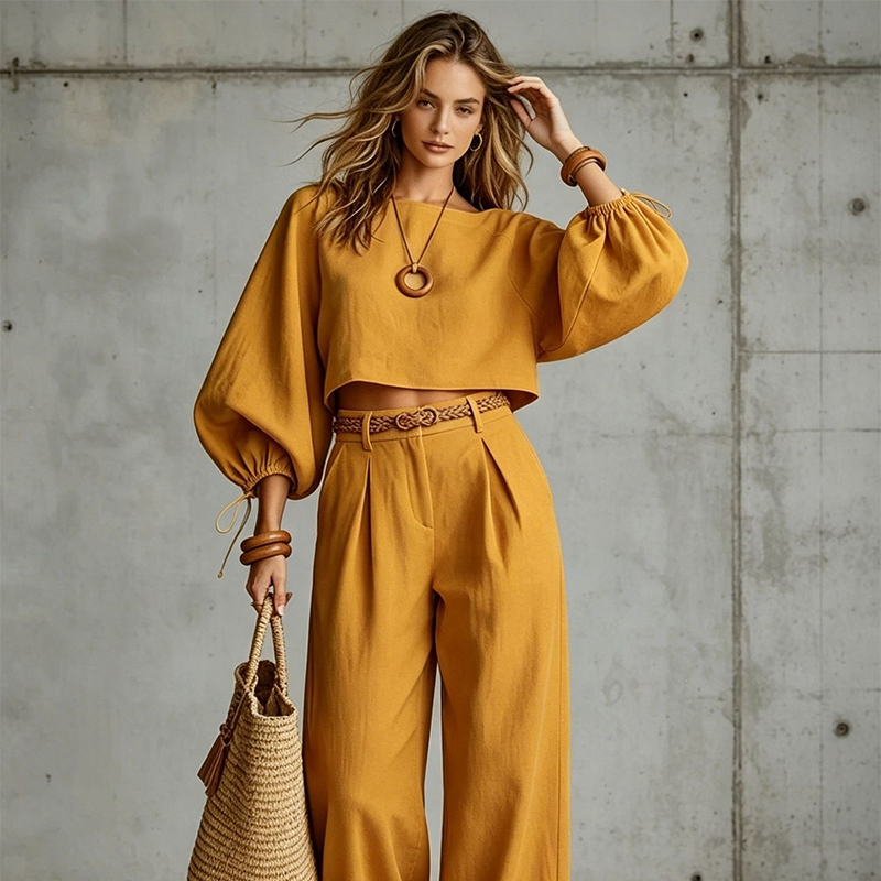 Conjunto con top corto y pantalón de pernera ancha 11
