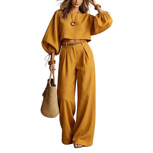Conjunto con top corto y pantalón de pernera ancha 4