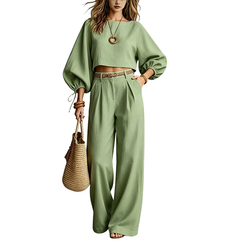 Conjunto con top corto y pantalón de pernera ancha 5
