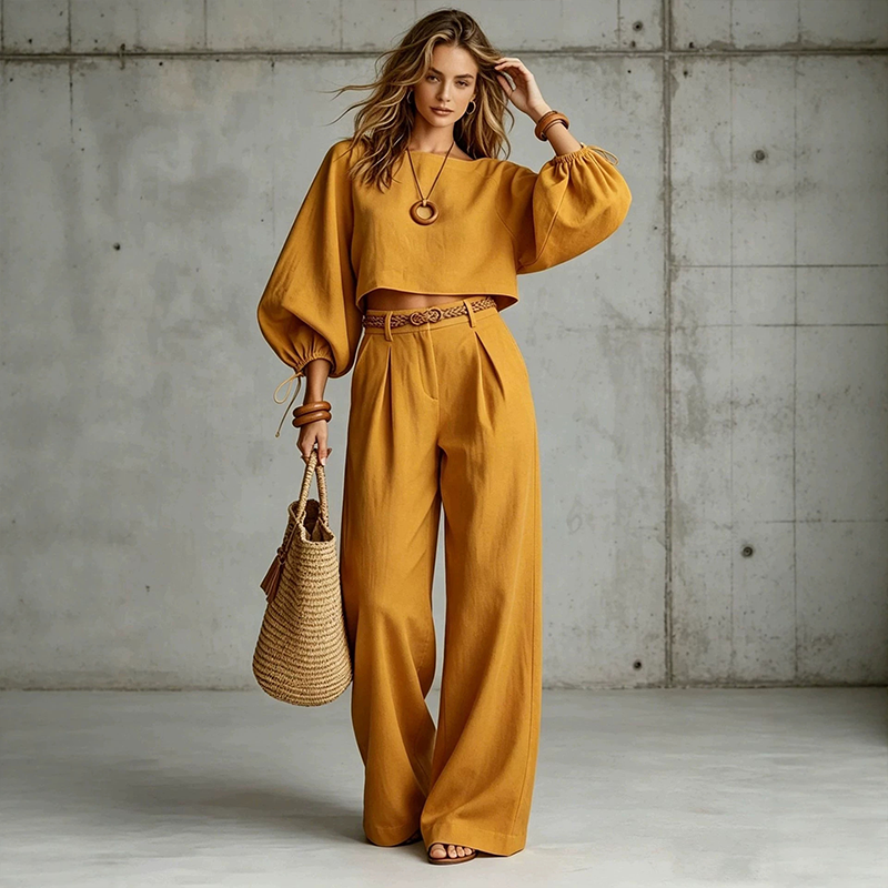 Conjunto con top corto y pantalón de pernera ancha 7