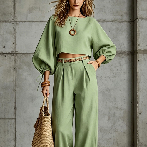 Conjunto con top corto y pantalón de pernera ancha 8