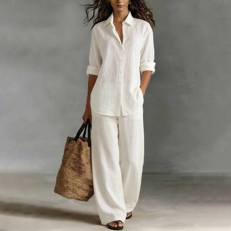 Conjunto de camisa abotonada y pantalón ancho fluido 1