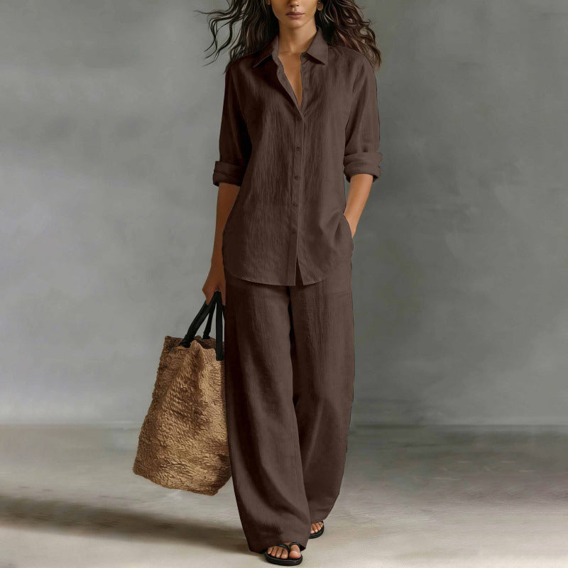 Conjunto de camisa abotonada y pantalón ancho fluido 10
