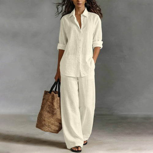 Conjunto de camisa abotonada y pantalón ancho fluido 11