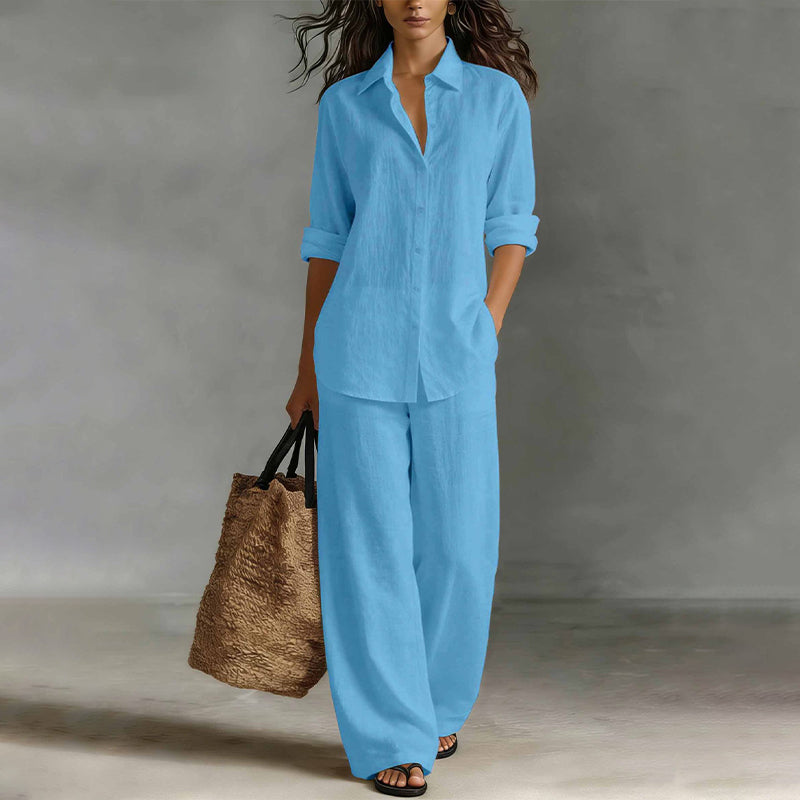 Conjunto de camisa abotonada y pantalón ancho fluido 12
