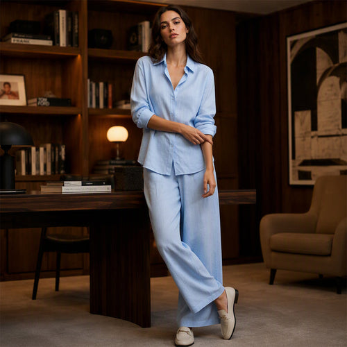 Conjunto de camisa abotonada y pantalón ancho fluido 13