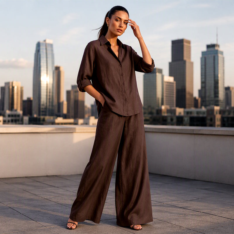 Conjunto de camisa abotonada y pantalón ancho fluido 14
