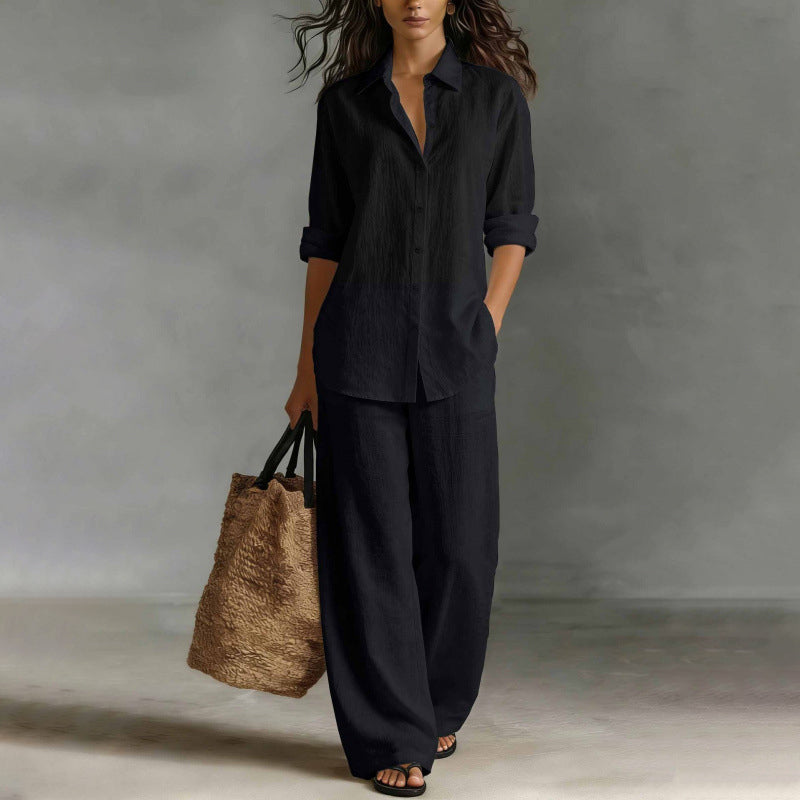 Conjunto de camisa abotonada y pantalón ancho fluido 2